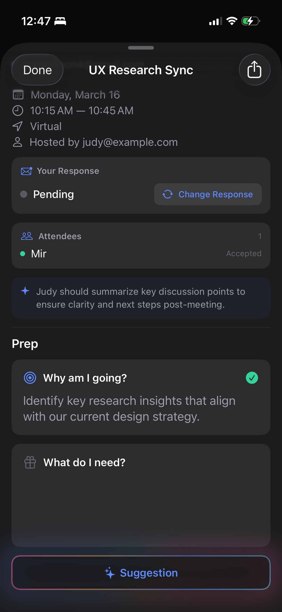 Meeting detail with intent and prep fields