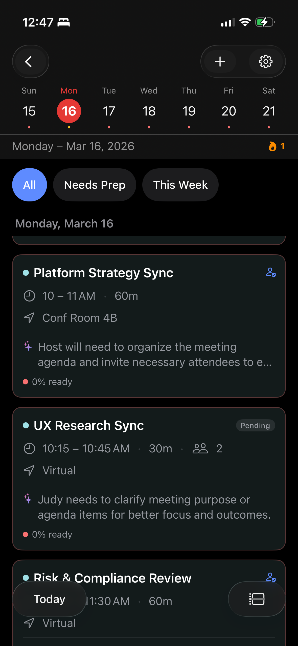 Today view showing meetings with prep status